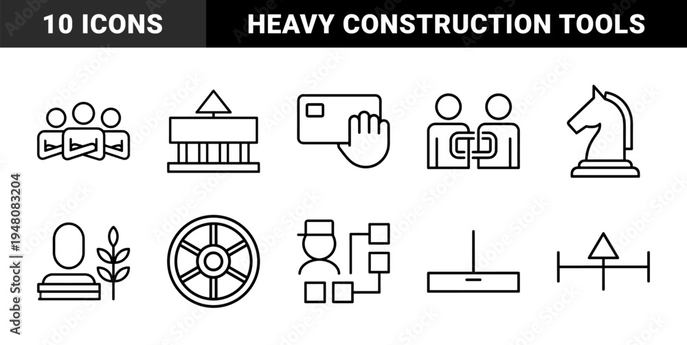 Fototapeta premium Industrial manufacturing and construction icon set. Vector glyph pictograms of crane, factory, forklift, hardhat, tools, and gears, black silhouette illustration.