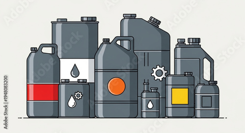 Various Industrial Oil and Lubricant Containers Illustration.