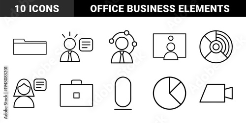 Business and corporate line icon set. Vector pictograms of manager, folder, network, chart, briefcase, and video camera, thin outline illustration.