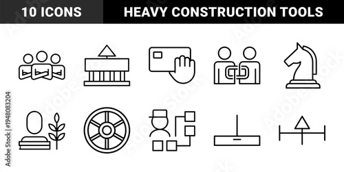 Industrial manufacturing and construction icon set. Vector glyph pictograms of crane, factory, forklift, hardhat, tools, and gears, black silhouette illustration.