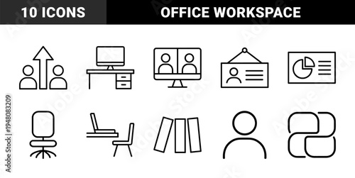Business and office line icon set. Vector pictograms of desk, monitor, laptop, chair, books, person, and data chart, thin black outline illustration.