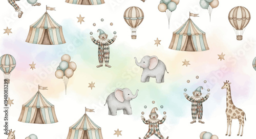 whimsical circus scene with clowns elephants giraffes hot air balloons and tents