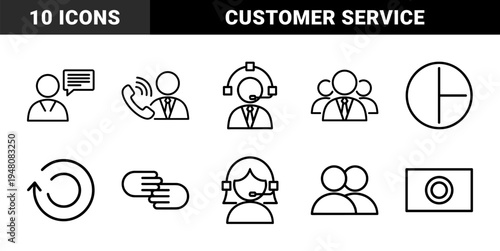 Customer service line icon set. Vector pictograms of support agent, headset, telephone, call center, user group, and communication bubbles, thin outline illustration.