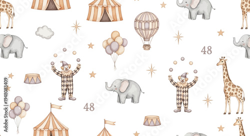 Whimsical circus scene with animals and clowns