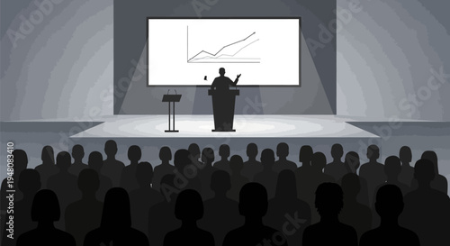 Businessman presenting graph to audience in darkened room.