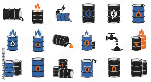 Collection of Oil Barrel Illustrations Depicting Energy and Industry.