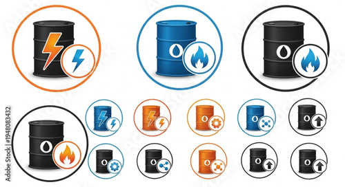 Energy Industry Icons - Barrels with Symbols Representing Various Energy Sources.