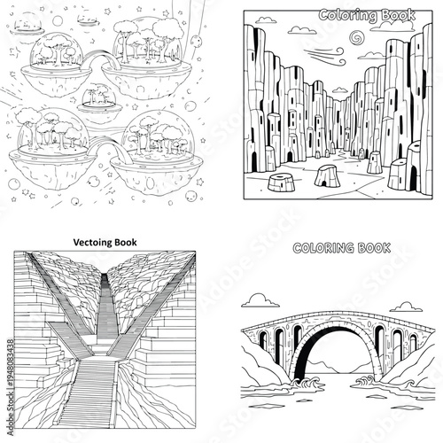 Coloring book: ancient stone structure with arches and chambers outline with black and white