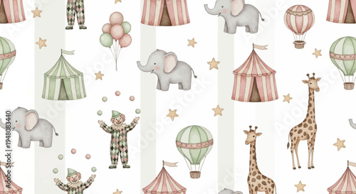 Watercolor circus pattern with cute animals and clowns
