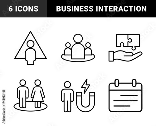 Business and social interaction line icon set. Vector pictograms of team, magnet, calendar, partnership, leader, and puzzle, thin outline illustration.