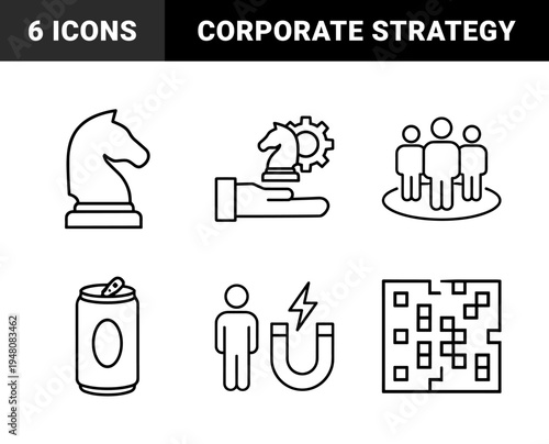 Business and strategy icon set. Vector pictograms of chess knight, gears, team, magnetic attraction, beverage can, maze, and delivery van, thin outline illustration.