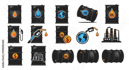 Oil Industry Icons - Barrels, Gas Nozzles, and Refinery.