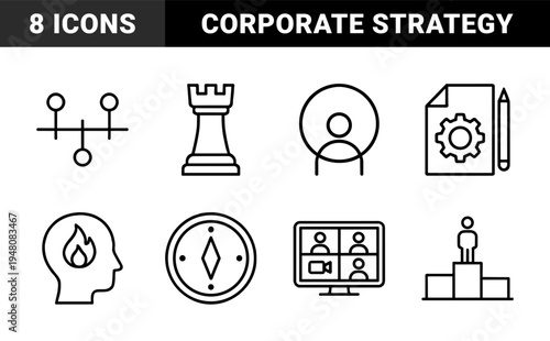 Business management line icon set. Vector pictograms of timeline, strategy, compass, passion, planning, conference, leadership, and analytics, thin outline illustration.