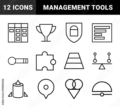 Business and data analysis line icon set. Vector pictograms of kanban, shield, bar chart, trophy, puzzle, scale, pyramid, microphone, rocket, and location, thin outline illustration.