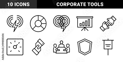 Business and productivity line icon set. Vector pictograms of charts, meetings, clock, shield, handshake, and connection, thin outline illustration.