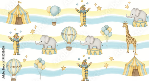 whimsical circus scene with animals and clowns