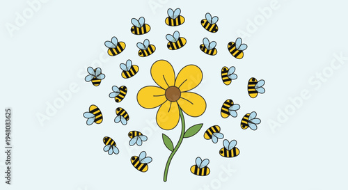 Bees flying around a yellow flower.