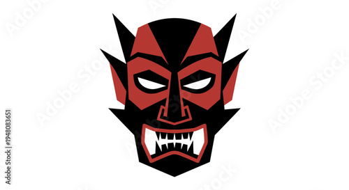 Cartoon devil face with sharp teeth.
