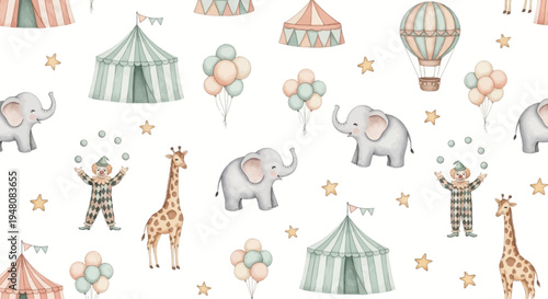cute circus scene with elephants giraffes and clowns