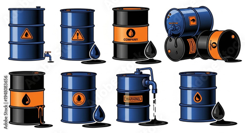 Oil Drums Collection - A Variety of Industrial Storage Containers with Spilled Oil.