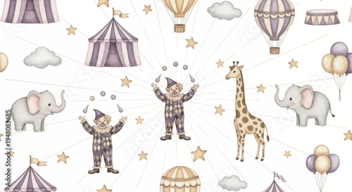 whimsical circus scene with clowns elephants giraffes and hot air balloons