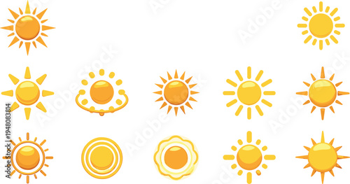 Yellow Sun Icon Set with Diverse Ray Designs and Glossy Spheres for Weather Forecasting, Summer Vacation Projects, Solar Energy Symbols, and Digital Graphics