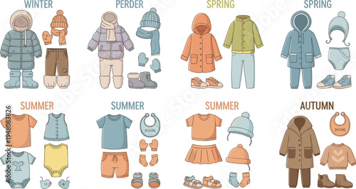 Seasonal Kids Clothing Collection Vector Set with Winter Parkas, Spring Jackets, Summer Outfits, and Autumn Coats for Childrens Fashion and Retail Weather Categories
