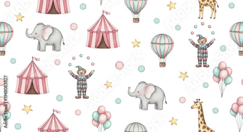 whimsical circus scene with animals and clowns