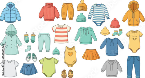 Large Kids and Baby Clothing Vector Set Featuring Seasonal Apparel Icons Like Jackets, Bodysuits, Sweaters, Pants, and Shoes for Retail and Design