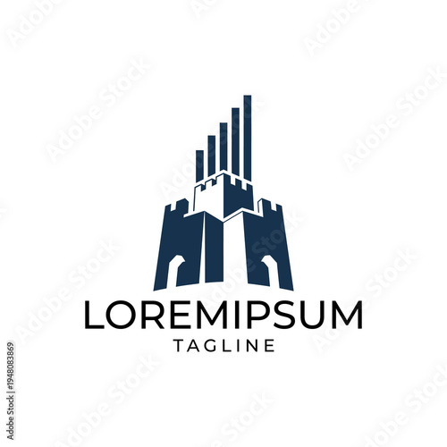 Strong castle with rising bar graphs representing business growth and financial stability.