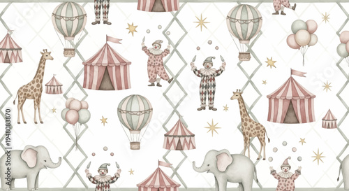 whimsical circus scene with animals and clowns