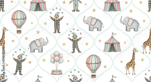 whimsical circus pattern with clowns elephants giraffes hot air balloons