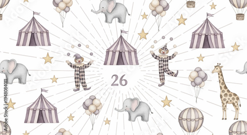 whimsical circus scene with clowns elephants giraffes and balloons