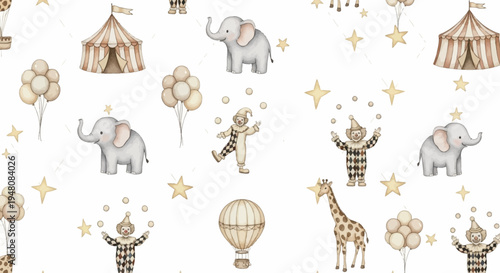 whimsical circus scene with animals and clowns
