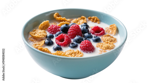 Φωτογραφία Isolated delicious breakfast cereal flakes with fresh raspberries and blueberries in a ceramic bowl