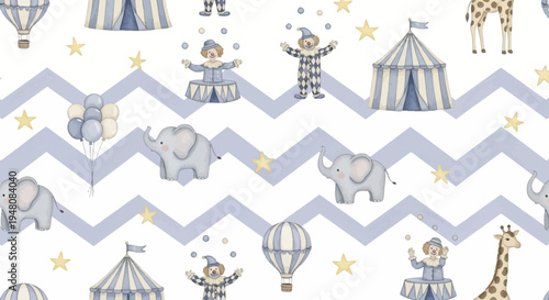 cute baby circus seamless pattern with animals and clowns