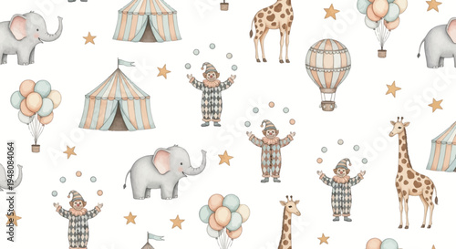 whimsical circus scene with animals and clowns