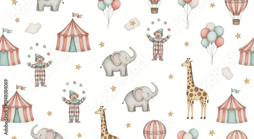 whimsical circus scene with animals and clowns