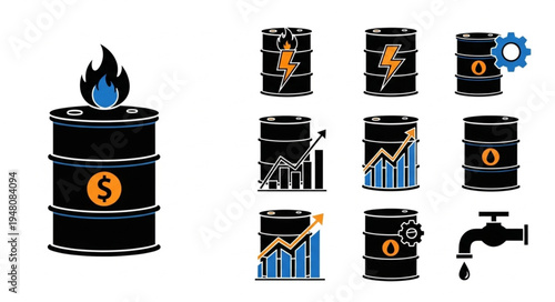 Oil Industry Icons - Barrels, Charts, and Energy Symbols.