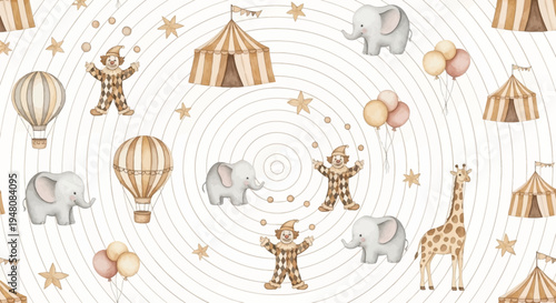 Whimsical circus scene with clowns elephants giraffes hot air balloons and tents