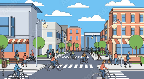 City Street with People and Buildings.