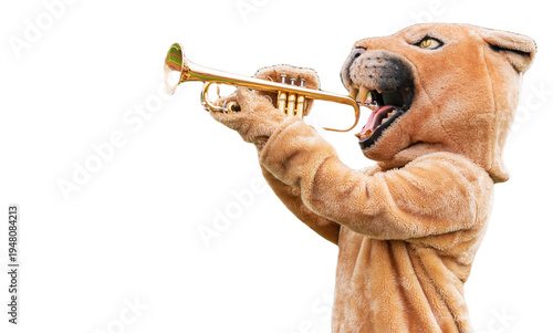 Cougar mascot playing trumpet with a transparent backgroun