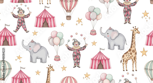 whimsical circus scene with clowns elephants giraffes and balloons