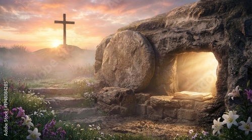 Jesus Christ empty tomb with stone rolled away at sunrise. Cross on hill in background with lilies in foreground. Resurrection of Christ celebration for Easter religious holy event.