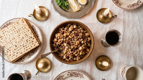 Traditional Passover charoset dessert on festive seder table with matzah and candles, top view