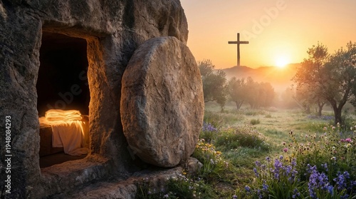 Open empty tomb of Jesus Christ with stone rolled away at sunrise. Resurrection concept with cross on hill. Christian religious scene of rebirth and hope during Easter morning light.
