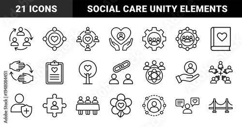 Community and charity line icon set. Vector pictograms of heart, people, hands, tree, book, shield, bridge, and clock, black outline illustration.