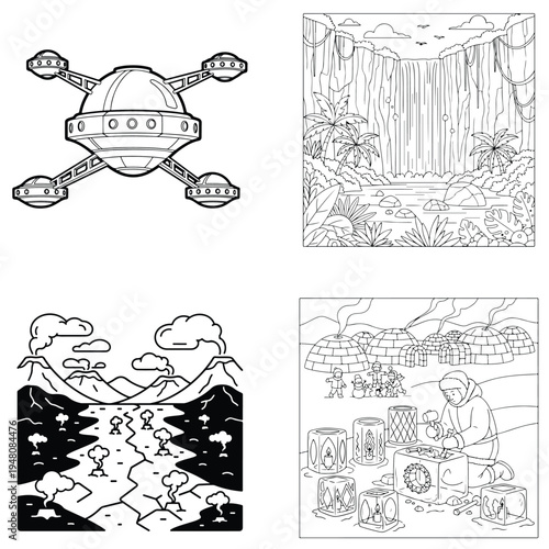 Alien spaceship ufo design, line art illustration, flying saucer, science fiction