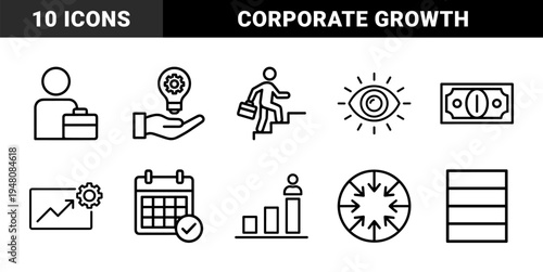 Business and financial growth icon set. Vector pictograms of stairs, briefcase, idea, vision, chart, money, calendar, and strategy, thin outline illustration.