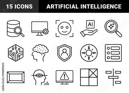 Artificial intelligence and technology line icon set. Vector pictograms of database, facial recognition, brain, circuit, shield, and data monitoring, thin outline illustration.